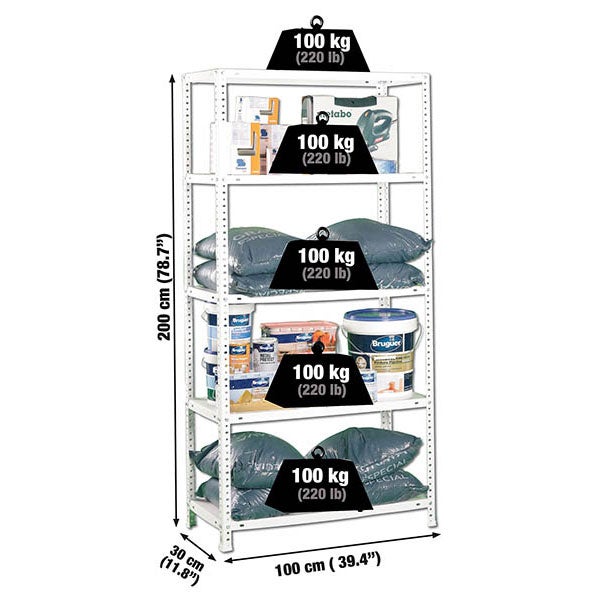 Schraubregal PANDA TALL | HxBxT 200x100x30cm | 5 Fachböden | Fachlast 100kg | Weiß