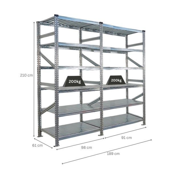 Stahlregal mit den Maßen 210 cm Höhe, 189 cm Breite und 61 cm Tiefe, Traglast 200 kg pro Ebene