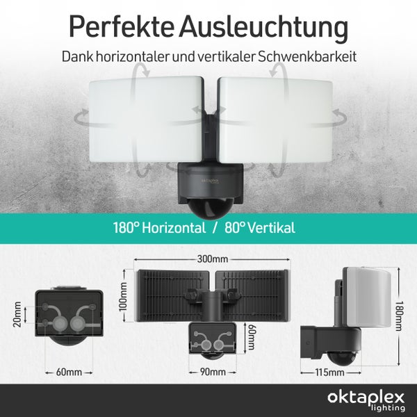Außenleuchte mit horizontaler und vertikaler Schwenkbarkeit und Maßangaben