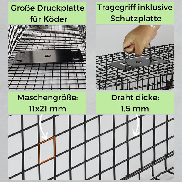 Details einer Drahtfalle: große Druckplatte für Köder, Tragegriff mit Schutzplatte, Maschengröße 11x21 Millimeter, Drahtdicke 1,5 Millimeter