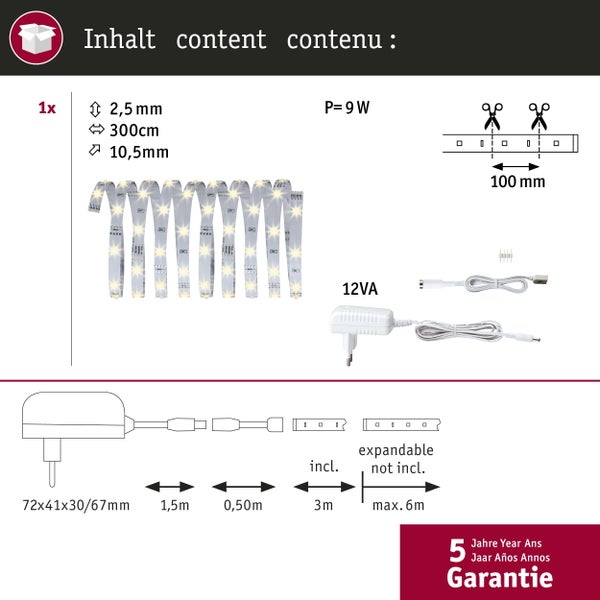 Inhalt LED-Streifen Set: 300 Zentimeter LED-Band, 9 Watt, Netzteil, Kabel. Kürzbar alle 100 Millimeter, erweiterbar auf 6 Meter. 5 Jahre Garantie.