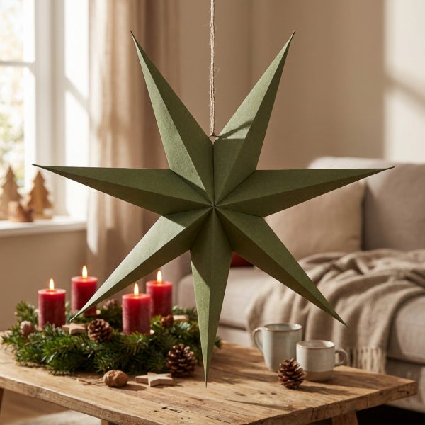 Ein hängender, sternförmiger Weihnachtsschmuck aus Papier in einer Wohnzimmerumgebung mit Adventskranz auf einem Holztisch.