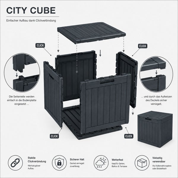City Cube Gartenbox mit Klick-Verbindung für werkzeuglosen Aufbau. Wetterfest, als Aufbewahrungsbox oder Beistelltisch nutzbar.