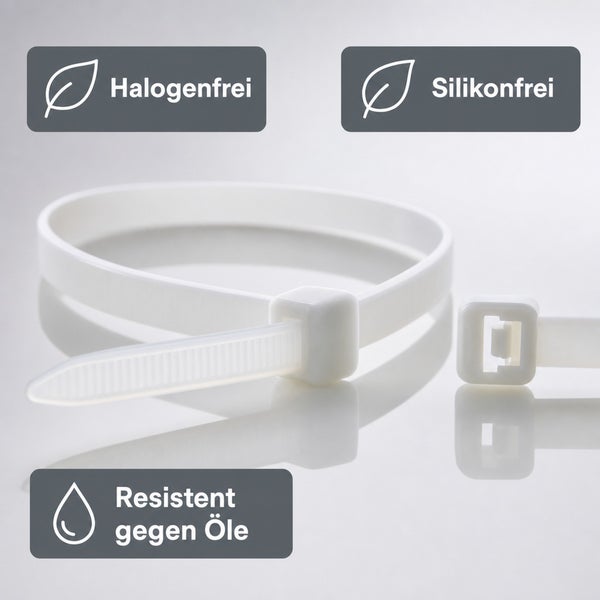Kunststoff Kabelbinder, halogenfrei, silikonfrei und ölbeständig.