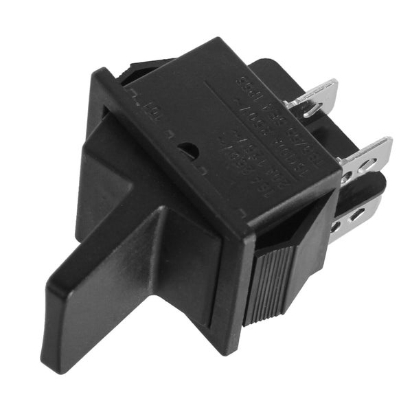 Schwarzer Wippschalter aus Kunststoff mit vier Metallanschlüssen, ausgelegt für 16 Ampere und 250 Volt, Schutzart IP55.