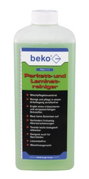 beko Parkett- und Laminatreiniger, Wischpflegekonzentrat mit grüner Flüssigkeit zur streifenfreien Reinigung und Pflege von Parkett und Laminat.