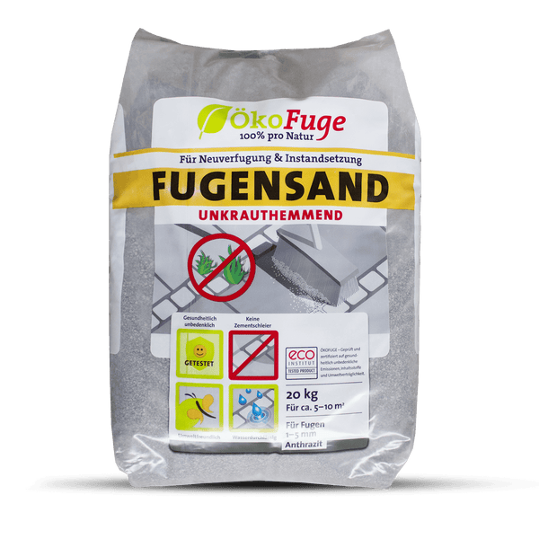 ÖkoFuge Fugensand unkrauthemmend, 20 Kilogramm Sack, Farbe Anthrazit, für Fugenbreiten von 1 bis 5 Millimeter, wasserdurchlässig und umweltfreundlich.