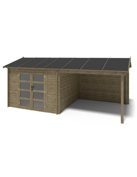 Gartenhaus aus Holz mit integriertem Schleppdach und Doppeltür mit Glaseinsätzen