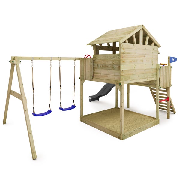 WICKEY Spielturm Klettergerüst Smart Peak mit Schaukel und Rutsche, Stelzenhaus mit Sandkasten, Kletterleiter und Spiel-Zubehör – anthrazit