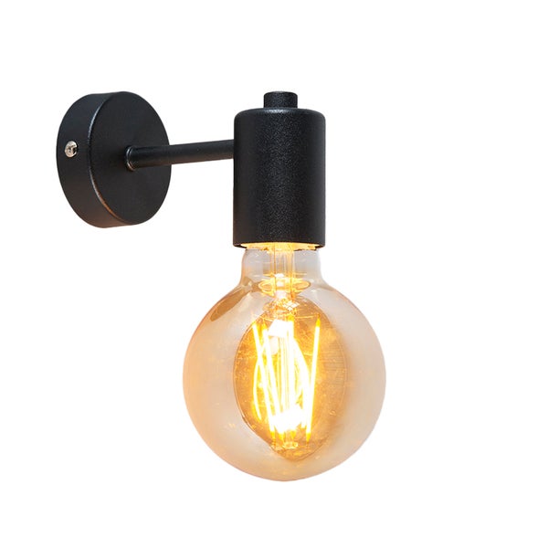 Schwarze Wandleuchte aus Metall mit runder Wandhalterung und leuchtender LED-Filament-Globelampe.