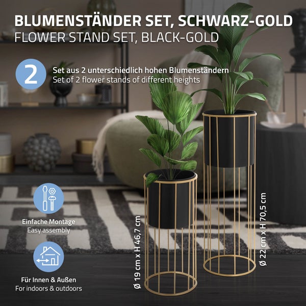 ML-Design Blumenständer 2er Set, Schwarz-Gold, 21x46,7/24x70,5 cm, rund, Stahl, Blumentopfständer mit Übertopf, Metall Pflanzenständer, Blumentopfhalter 2-tlg, Pflanztopf Deko Blumensäule Blumenhocker