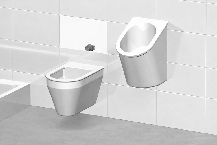 Modernes wandhängendes Urinal und Bidet aus Keramik in einem hellen Badezimmer mit Wandfliesen.