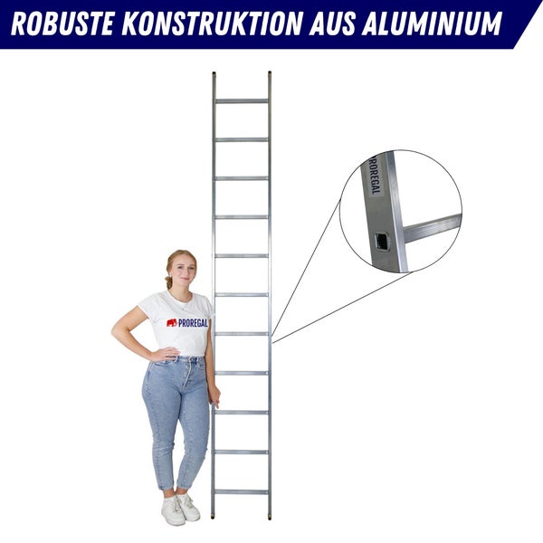 Aluminium Leiter mit Sprossen und einer danebenstehenden Person.