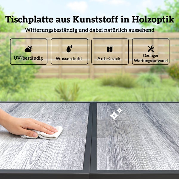 Reinigung einer Kunststoff-Tischplatte in Holzoptik, mit Symbolen für Ultraviolett-Beständigkeit, Wasserdichtigkeit, Rissschutz und wenig Wartung.