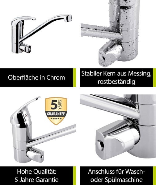 'aquaSu® Spültischarmatur mit Geräteanschluss Soul, Einhebelmischer mit Wasserspar-Kartusche, Wasserhahn für Spüle, Auslauf schwenkbar, Standard-Befestigung, Messingkern, chrom, 796026