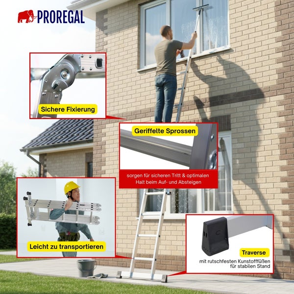 Proregal Logo. Mann auf Mehrzweckleiter reinigt Fenster an Ziegelwand. Details zeigen Gelenksicherung, geriffelte Sprossen, Quertraverse und Transport.