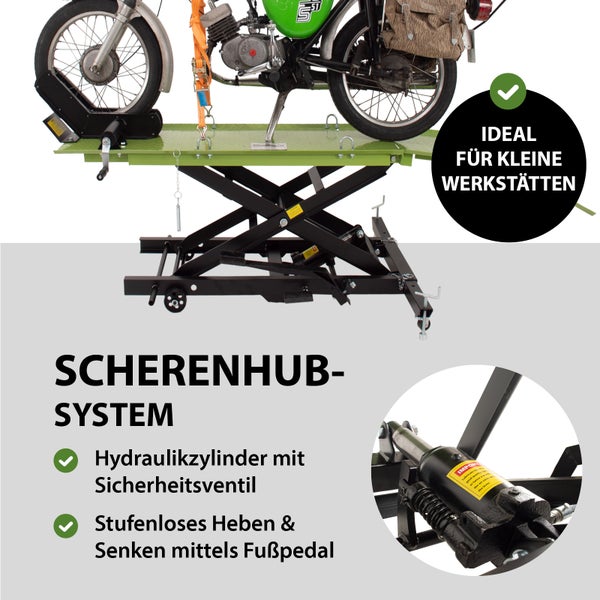 Motorrad auf Scherenhebebühne für kleine Werkstätten mit Hydraulikzylinder und Fußpedal