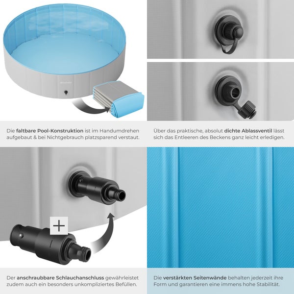 Collage eines faltbaren Pools, die den aufgebauten und zusammengefalteten Zustand, das Ablassventil, den Schlauchanschluss und die Seitenwände zeigt.