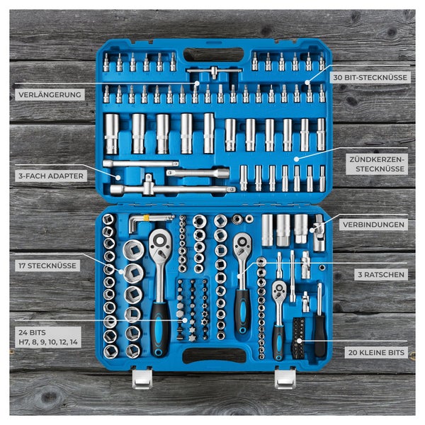 Blauer Steckschlüsselsatz im Koffer mit Ratschen, Stecknüssen, Bits, Verlängerungen und Adaptern.