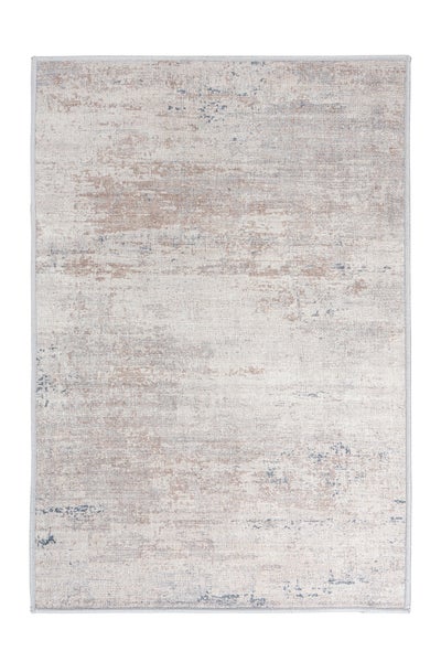 Rechteckiger Teppich mit abstraktem Muster im Vintage-Stil in Beige- und Brauntönen mit blauen Akzenten.