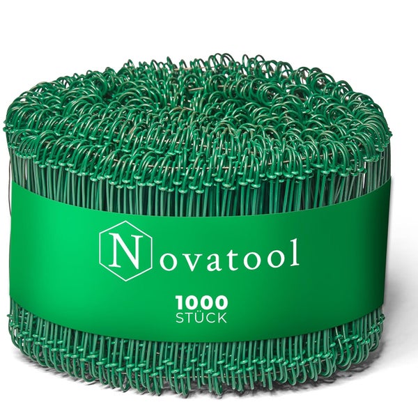 Novatool Logo auf einem Paket mit 1000 Stück kunststoffummantelten Drahtbindern zum Verschließen von Säcken.