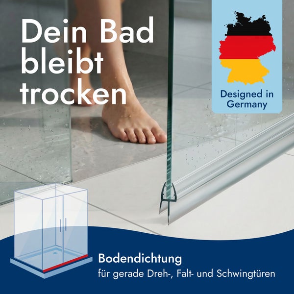 Bodendichtung für gerade gläserne Duschtüren zur Vermeidung von Wasseraustritt im Badezimmer. Entworfen in Deutschland.