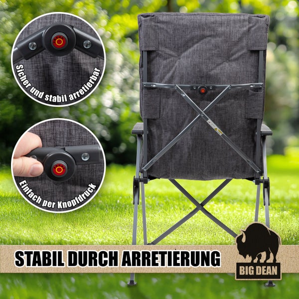 Rückansicht eines grauen Campingstuhls mit Verriegelungsmechanismus für zusätzliche Stabilität