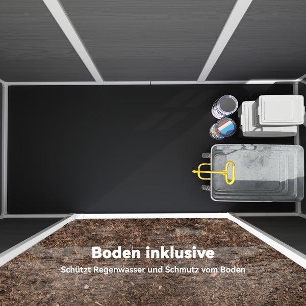 Draufsicht auf den Innenraum eines Gartenhauses mit integriertem Boden, bestückt mit Gartenwagen, Farbdosen und Aufbewahrungsbox.