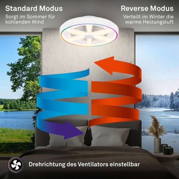 Deckenventilator mit Beleuchtung im Schlafzimmer. Pfeile illustrieren den Luftstrom im Sommer und Winter zur Kühlung und Wärmeverteilung.