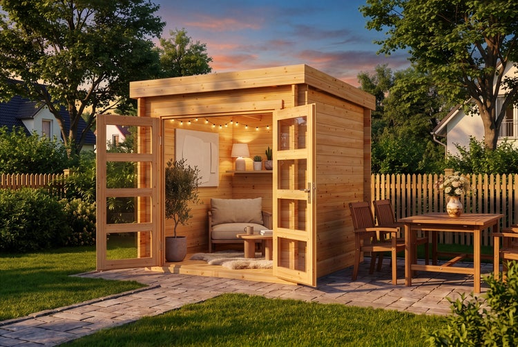Modernes Gartenhaus aus Holz mit Flachdach und weit geöffneten Glastüren. Innen eingerichtet mit Sessel, Tisch und Lampen. Im Garten stehend.