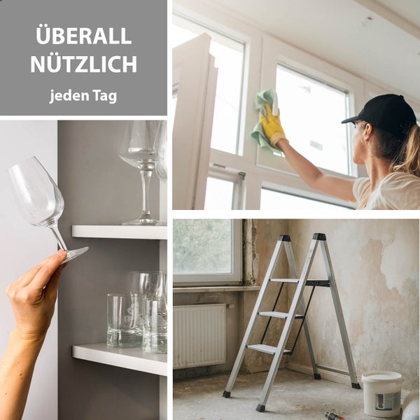 Kollage von einer Frau, die ein Fenster putzt, Gläser in einem Schrank und einer Leiter in einem Raum