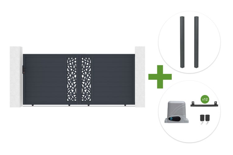Schiebetor Set mit modernem Design, Zaunpfosten und elektrischem Torantrieb inklusive Fernbedienungen und Zahnstangen.