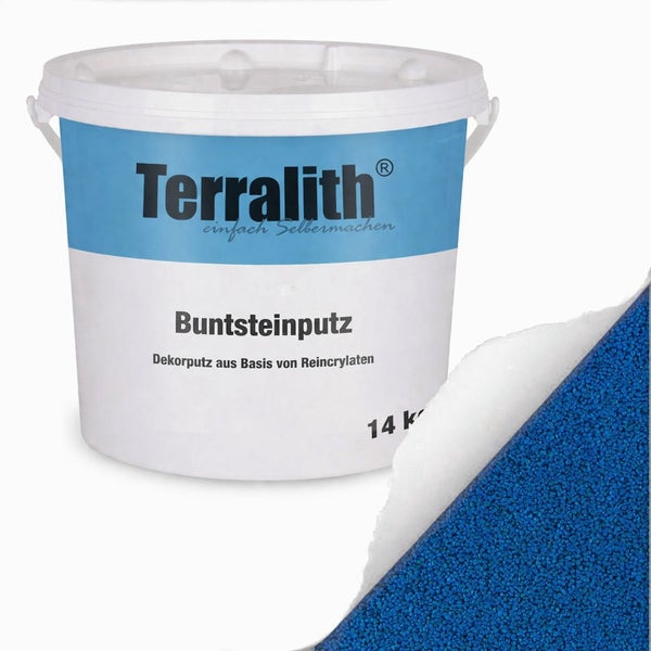 Terralith Buntsteinputz Dekorputz auf Basis von Reinacrylaten im 14 Kilogramm Eimer mit Darstellung der blauen Oberflächenstruktur.