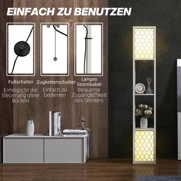 Moderne Regalstehlampe mit beleuchteten Elementen, Regalfächern, Fußschalter, Zugkettenschalter und langem Stromkabel für einfache Bedienung.