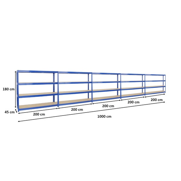 PROREGAL Mega Deal 5x Schwerlastregal Dino HxBxT 180 x 200 x 45 cm Fachlast 500 kg Blau