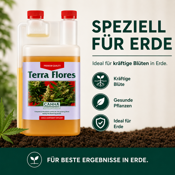 CANNA Terra Flores Pflanzendünger für Erde in einer Kunststoffflasche mit Dosierkammer zur Unterstützung der Blütephase von Pflanzen.