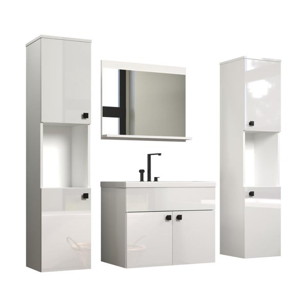 Badezimmermöbel-Set in Weiß Hochglanz bestehend aus Waschbeckenunterschrank, zwei Hochschränken und Spiegel.