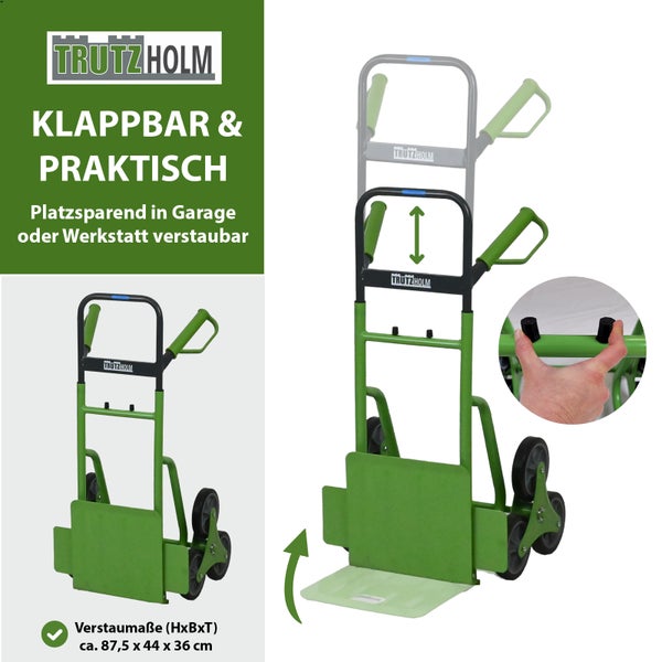 Klappbare Trutzholm Sackkarre mit höhenverstellbarem Griff für platzsparende Aufbewahrung in Garage oder Werkstatt.