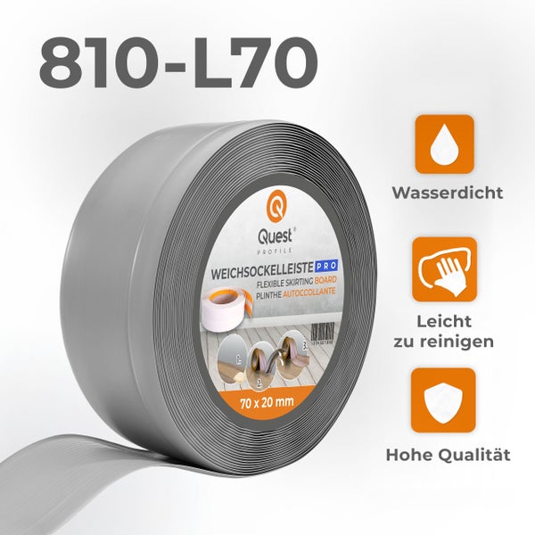 Quest Profile Weichsockelleiste 70 mal 20 Millimeter als Rolle, selbstklebend, wasserdicht, pflegeleicht und von hoher Qualität.