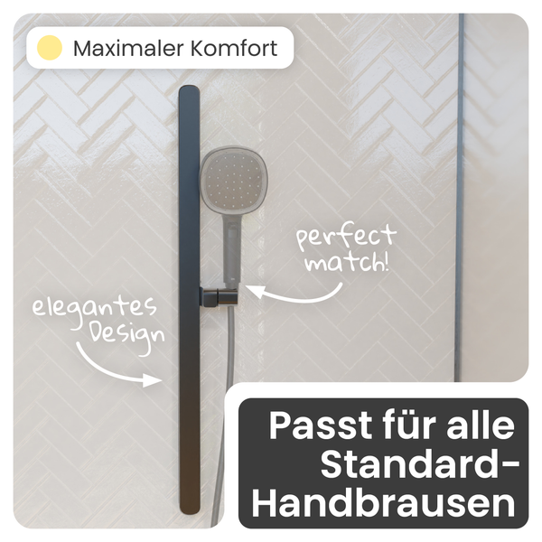 Schwarze Brausestange mit Handbrause vor gefliester Wand, passend für alle Standardhandbrausen.