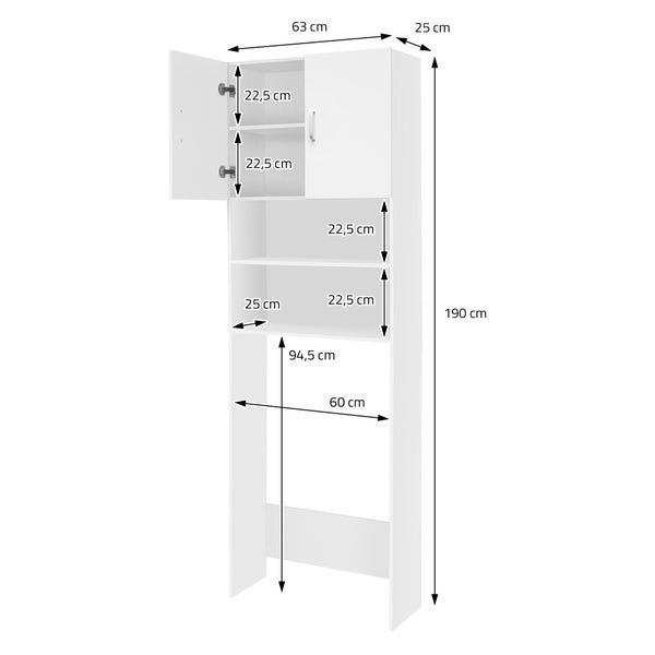ECD Germany Waschmaschinenschrank 190 x 63 cm mit 2 Türen Weiß Badezimmerschrank für Waschmaschine Trockner - Hochschrank Badmöbel Badregal Badschrank Umbauschrank Überbau Waschmaschinenüberbau