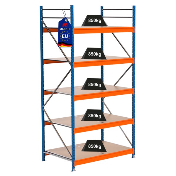 Schwerlastregal mit fünf Regalböden und einer Traglast von 850 Kilogramm pro Ebene