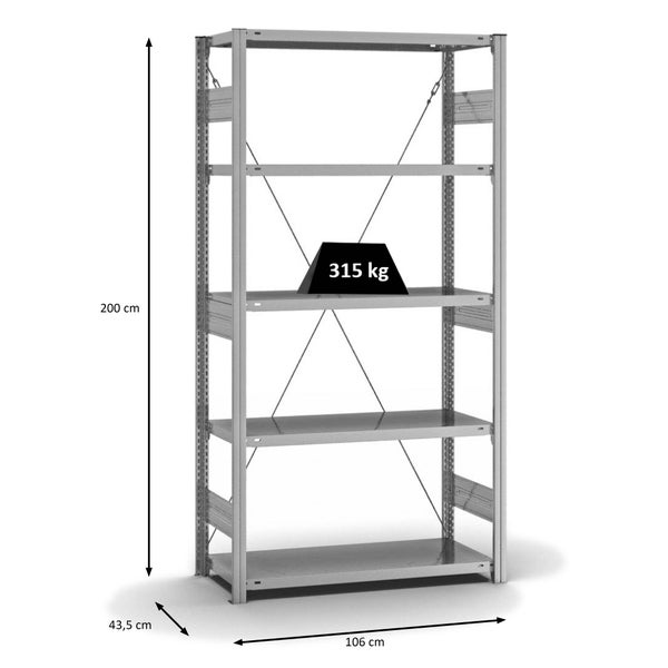 PROREGAL Fachbodenregal Stecksystem T-Profil Heavy-Duty Grundregal HxBxT 200 x 100 x 40 cm 5 Ebenen Fachlast 315 kg Einseitig Nutzbar Verzinkt