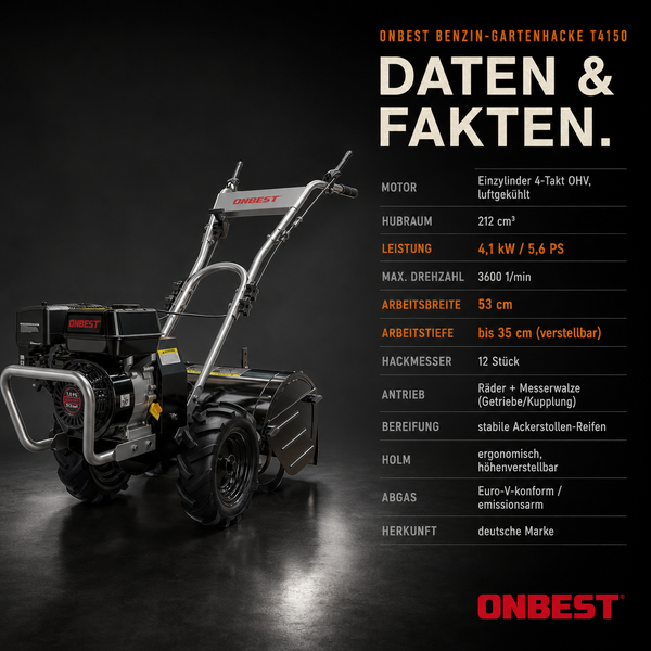 Benzin-Gartenhacke ONBEST T4150: 4,1 Kilowatt Leistung, 53 Zentimeter Arbeitsbreite, verstellbare Arbeitstiefe bis 35 Zentimeter.
