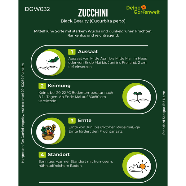 Infoblatt für Zucchini Black Beauty Samen mit Anbauhinweisen zu Aussaat, Keimung, Ernte und Standort. Deine Gartenwelt Logo.