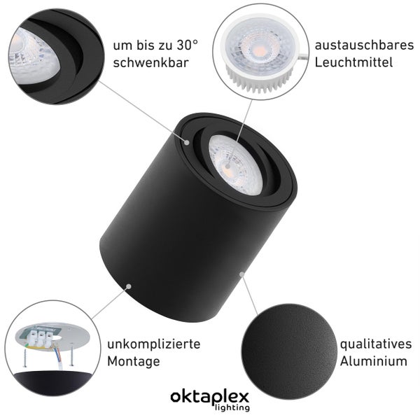 Oktaplex Lighting 3 Stück Aufbaustrahler Lile M Schwarz - inkl. LED Modul 4,8W 230V 4000K warmweiß - Aufputz Aufbauleuchte Aufbauspot Aluminium schwenkbar