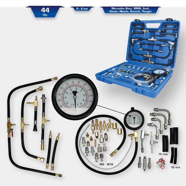 44-teiliges Kompressionsdruckprüfer Set für verschiedene Automarken im blauen Werkzeugkoffer
