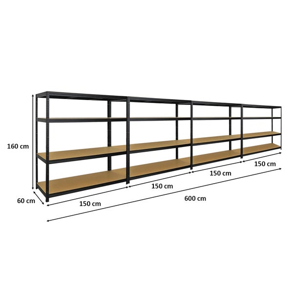 PROREGAL Mega Deal 4er-Set Schwerlastregal Giant Elephant 160x150x60cm mit 4 Ebenen Fachlast 200kg Schwarz
