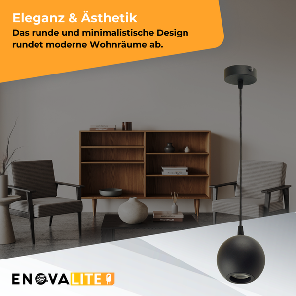 Moderne Wohnraum-Szene mit einer schwarzen Hängeleuchte mit runder Form.