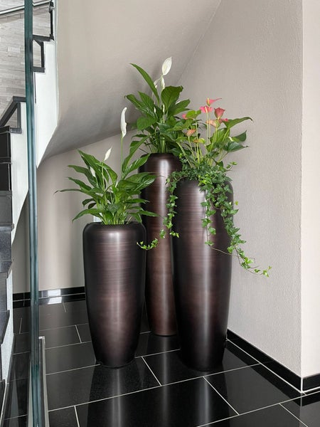 Drei hohe, schlanke Pflanzgefäße in Metalloptik mit verschiedenen Zimmerpflanzen wie Einblatt und Flamingoblume in einem modernen Treppenaufgang.